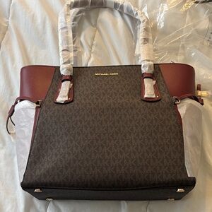 New! Michael Kors Brown & Burgundy Leather Satchel